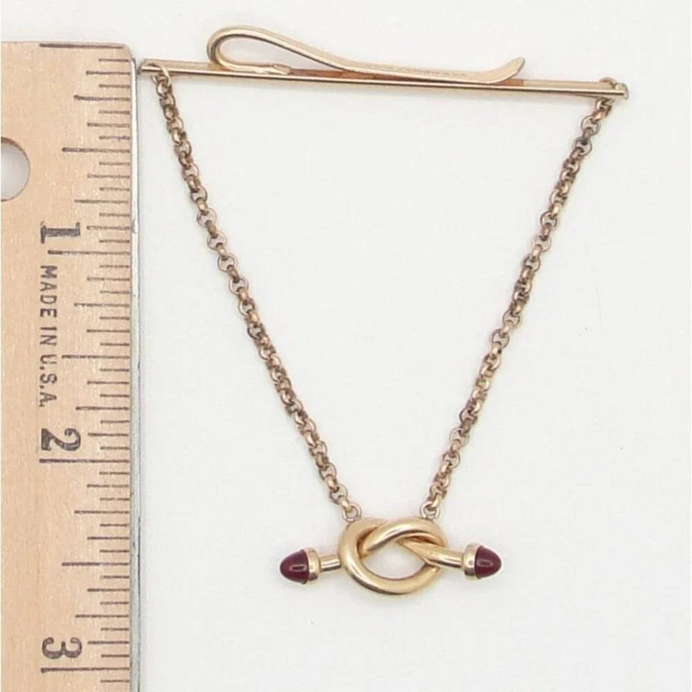 Vintage Krementz Gold Overlay Love Knot Tie Chain Clasp Red Ruby Glass Cabochon